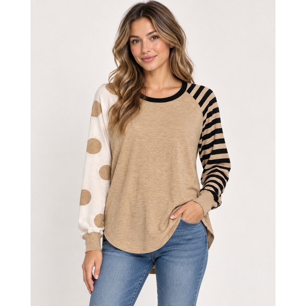 LAKET & PLOVER Silk Blend Mixed Print Raglan Sweater Tan Polka Dot Stripe M